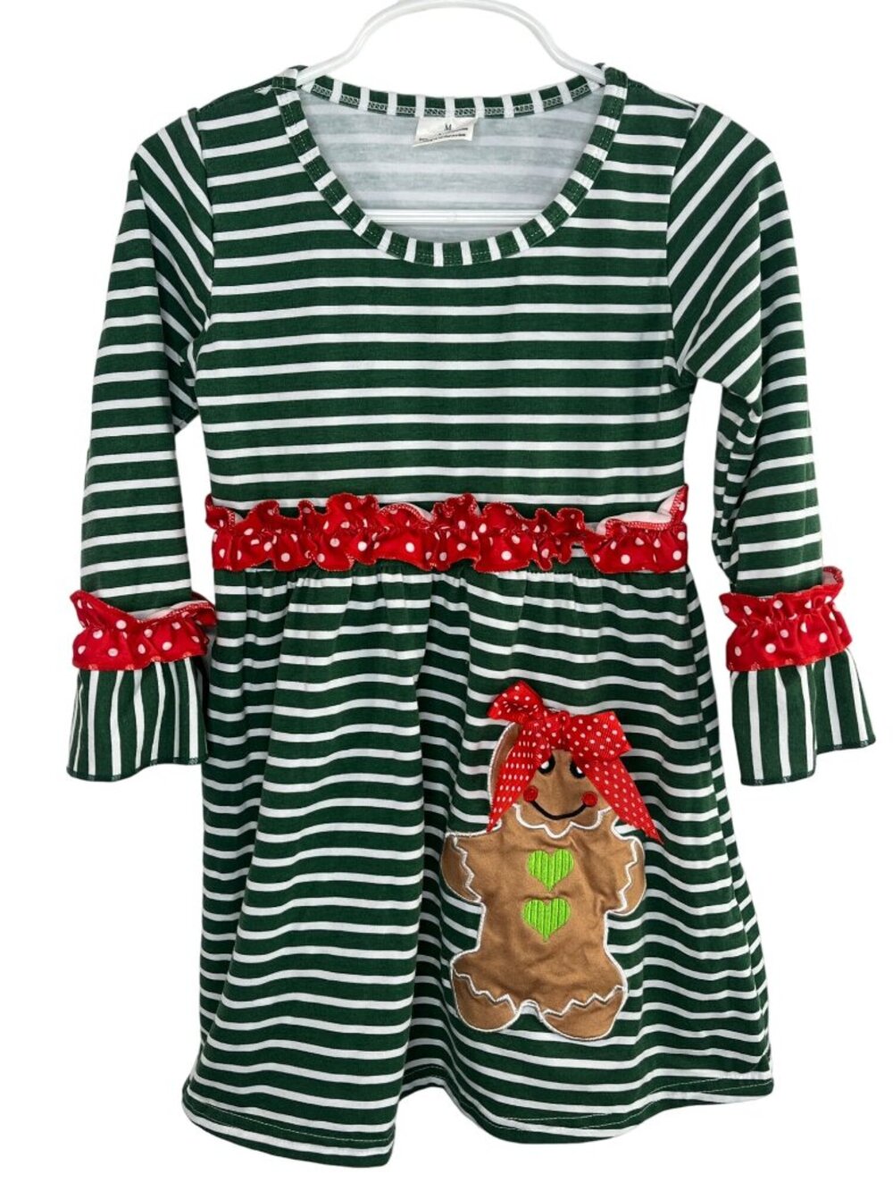 Girls Christmas Dress 3T Gingerbread Green Stripe Holiday Long Sleeve